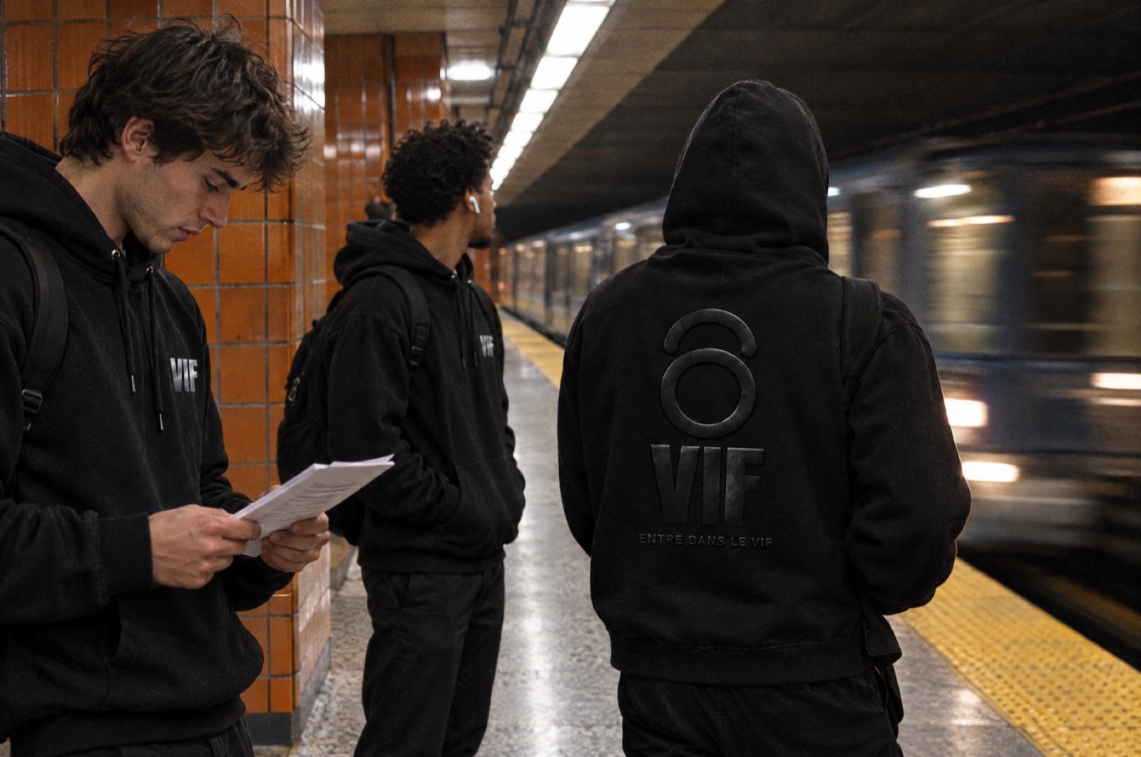 Trois représentants relisent leurs notes sur un quai de métro