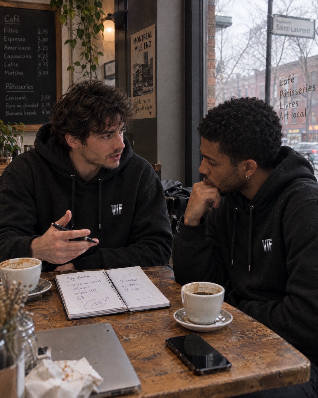 Deux représentants planifient la journée dans un café