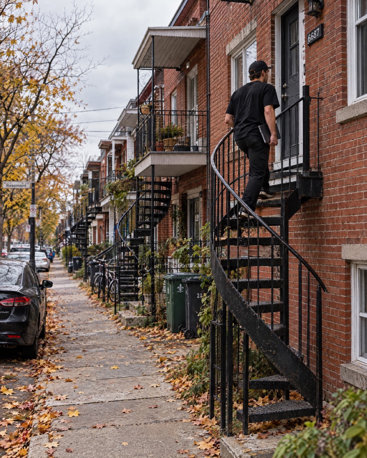 Un représentant monte un escalier extérieur